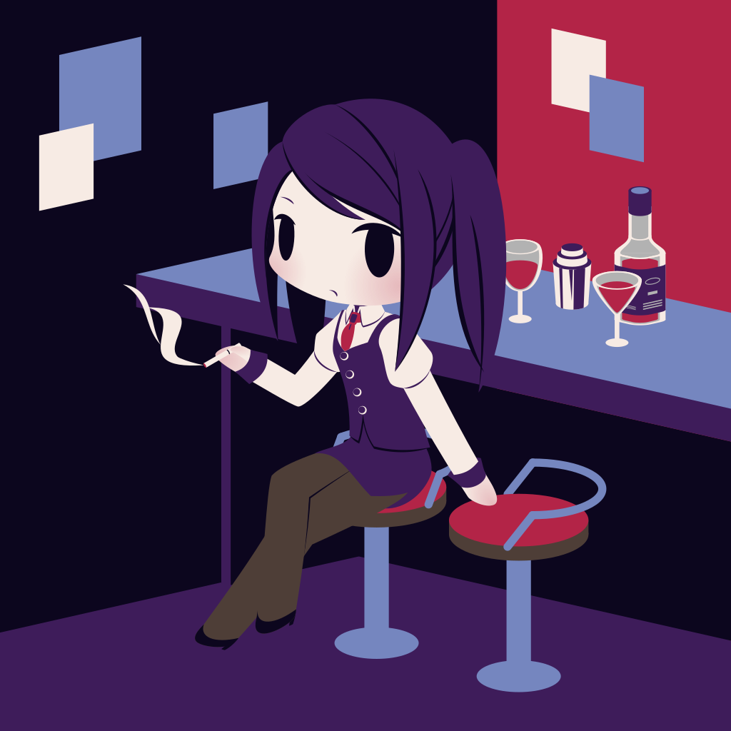 1girl alcohol bar_stool black_hair black_legwear blush chibi cigarette closed_mouth cobalta cup drinking_glass indoors jill_stingray long_hair pantyhose sitting smoking solo stool twintails va-11_hall-a wine wine_glass