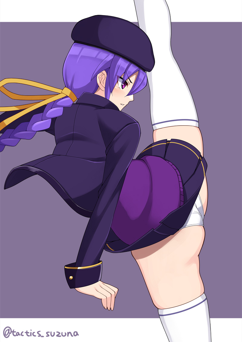 1girl ass braid cabbie_hat eltnum flexible from_side hair_ribbon hat jacket kicking leg_up long_braid long_hair long_sleeves panties parted_lips purple_hair purple_headwear purple_jacket purple_skirt purple_vest ribbon single_braid sion_eltnam_atlasia skirt solo suzuna_(najaran) thigh-highs type-moon under_night_in-birth underwear vest violet_eyes white_legwear white_panties yellow_ribbon zettai_ryouiki