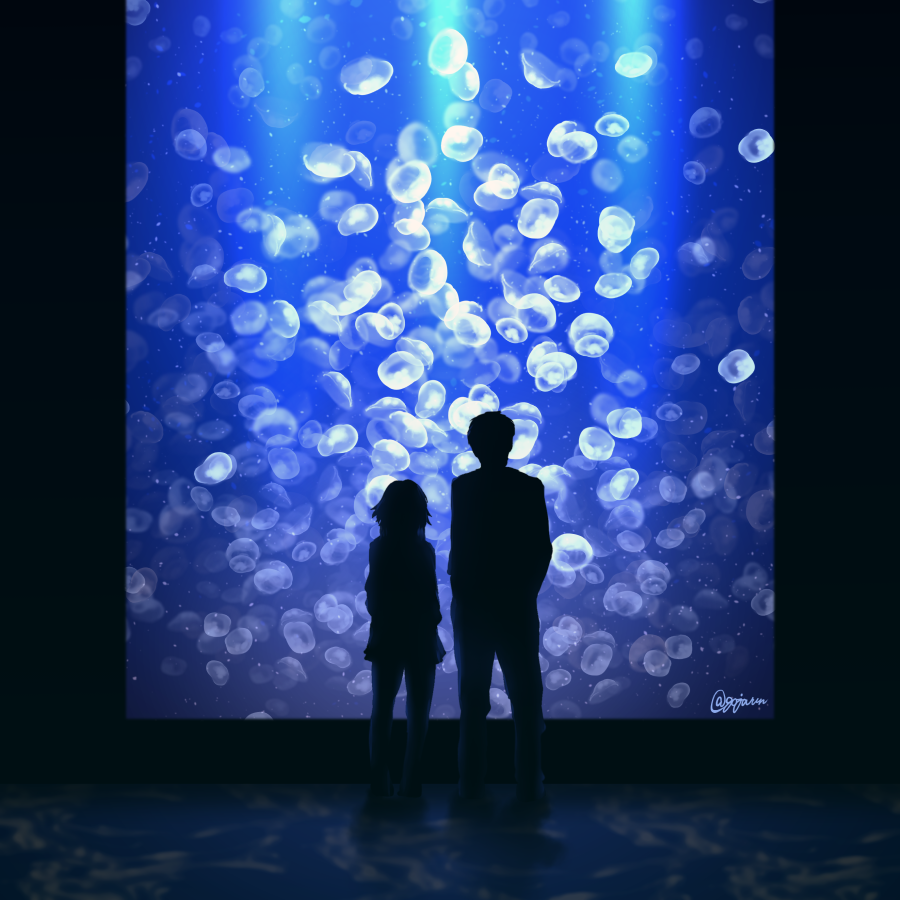 1boy 1girl aquarium dark_background from_behind full_body gojarun idolmaster idolmaster_cinderella_girls indoors jellyfish light looking_away ninomiya_asuka producer_(idolmaster) silhouette twitter_username