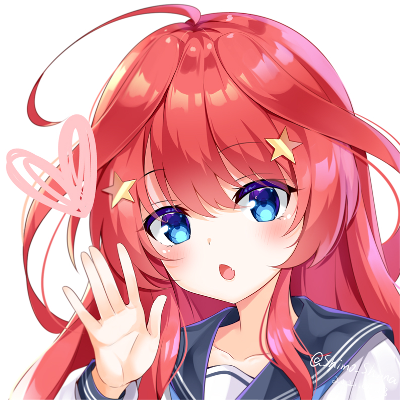 1girl :o \||/ antenna_hair blue_eyes collarbone eyebrows_visible_through_hair eyelashes go-toubun_no_hanayome hair_between_eyes hair_ornament hand_up heart long_hair looking_at_viewer nakano_itsuki open_mouth redhead school_uniform serafuku shimo_shiina shiny shiny_hair signature simple_background solo star_(symbol) star_hair_ornament upper_body white_background