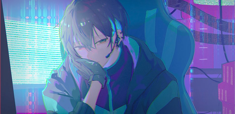 1boy bangs black_gloves black_hair blue_hair chair closed_mouth ear_piercing earpiece gaming_chair gloves hair_between_eyes head_rest jacket long_sleeves lowro_(en) male_focus mayuzumi_kai multicolored_hair neon_lights nijisanji piercing solo streaked_hair upper_body virtual_youtuber