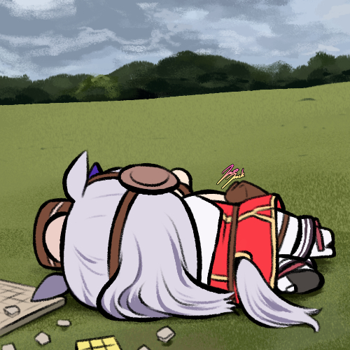 1girl animal_ears boots chess_piece chibi commentary gold_ship_(umamusume) grass grey_hair high_heel_boots high_heels horse_ears horse_girl horse_tail jacket jazz_jack long_hair lowres pillbox_hat red_jacket rubik's_cube sky sleeping solo tail tree umamusume white_footwear white_legwear