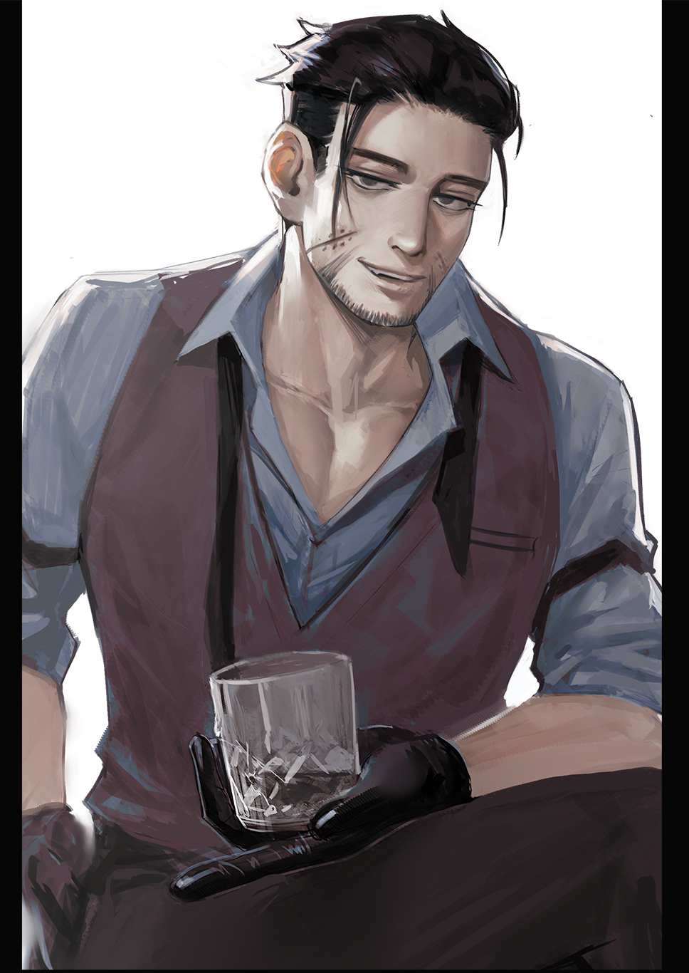 1boy backlighting black_eyes black_gloves black_hair collared_shirt cup facial_hair feet_out_of_frame gloves goatee golden_kamuy hair_slicked_back highres holding holding_cup looking_at_viewer male_focus midomido ogata_hyakunosuke partially_unbuttoned pectoral_cleavage pectorals scar scar_on_cheek scar_on_face shirt short_hair sideburns smile smug solo stubble toned toned_male undercut undone_necktie vest