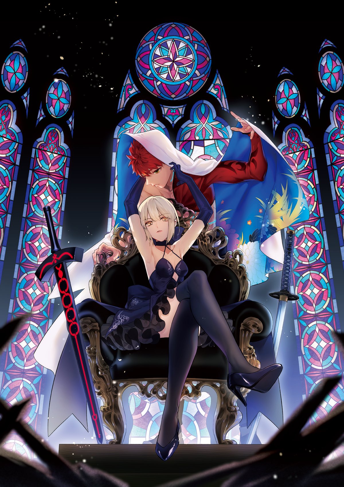 1boy 1girl artoria_pendragon_(fate) bangs bare_shoulders black_dress black_gloves blonde_hair blue_cape breasts cape chair closed_mouth crossed_legs dress elbow_gloves emiya_shirou excalibur_morgan_(fate) fate/grand_order fate/stay_night fate_(series) gloves high_heels highres looking_at_another looking_at_viewer magic_circuit on_chair orange_eyes otama_(atama_ohanabatake) redhead saber saber_alter senji_muramasa_(fate) short_dress short_hair single_bare_shoulder sitting small_breasts sword thigh-highs two-tone_cape weapon white_cape yellow_eyes