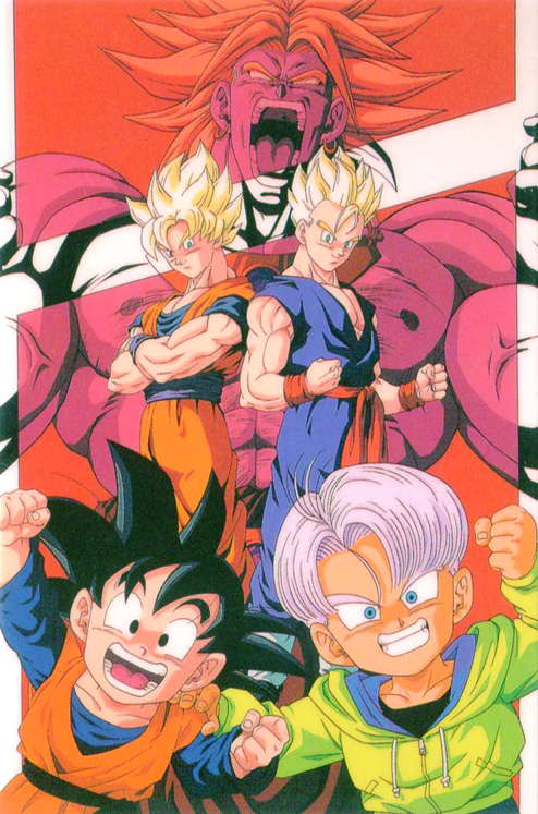 1990s_(style) aqua_eyes arm_up black_eyes black_hair blonde_hair blue_eyes broly_(dragon_ball_z) brothers child clenched_hands crossed_arms dougi dragon_ball dragon_ball_z father_and_son grin hand_on_another's_shoulder hood hood_down hoodie legendary_super_saiyan long_sleeves looking_at_viewer male_focus muscular muscular_male no_pupils official_art open_mouth purple_hair retro_artstyle saiyan scan short_hair short_sleeves siblings sleeveless smile son_gohan son_goku son_goten super_saiyan super_saiyan_1 topless_male trunks_(dragon_ball) veins wristband