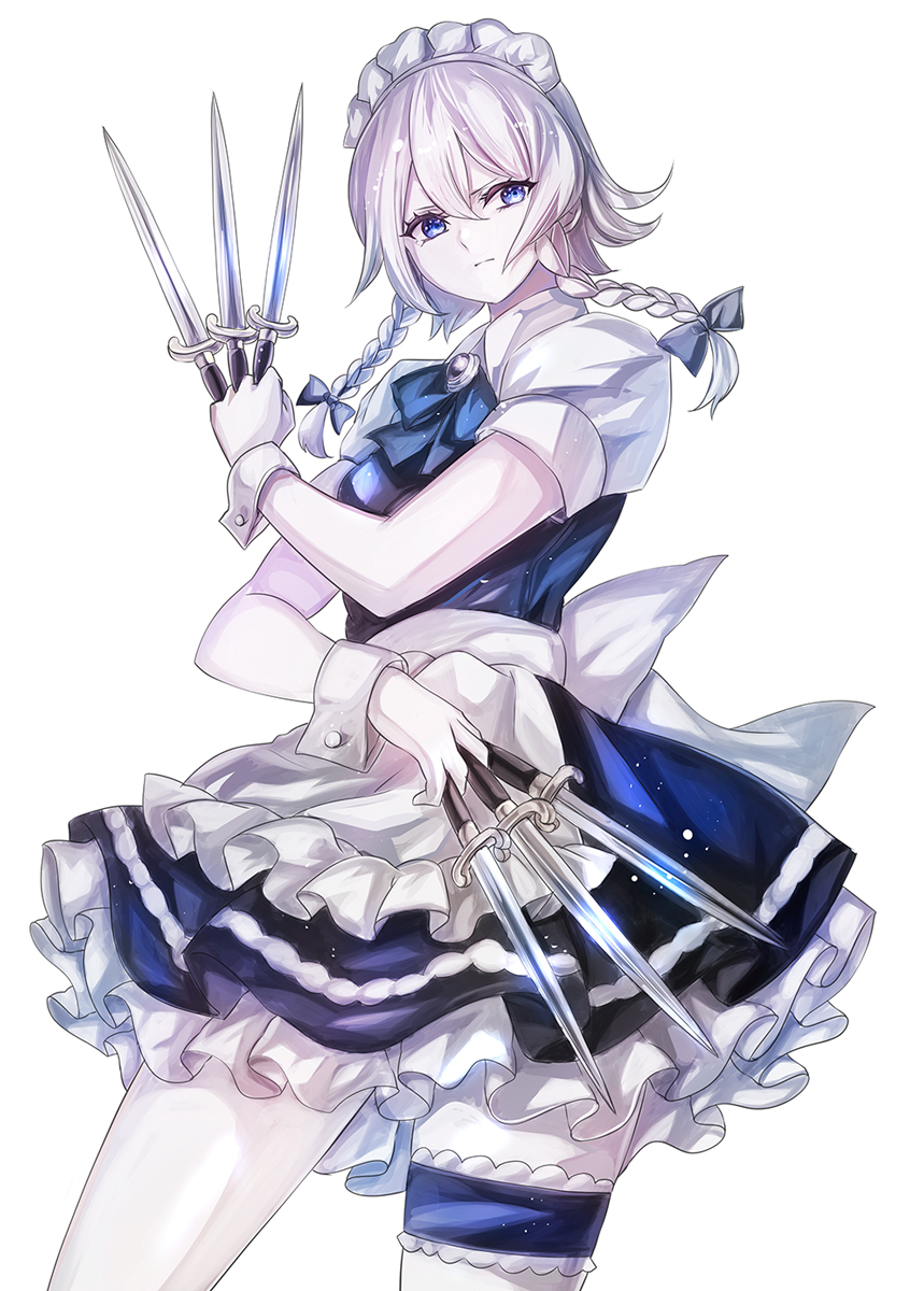 1girl apron bangs blue_bow blue_dress blue_eyes blue_neckwear bow bowtie braid breasts buttons dress gem hair_between_eyes hair_bow hand_up highres izayoi_sakuya jan_(lightdragoon) jewelry knife looking_to_the_side maid maid_headdress medium_breasts puffy_short_sleeves puffy_sleeves shirt short_hair short_sleeves silver_hair simple_background solo standing touhou twin_braids weapon white_apron white_background white_bow white_hair white_shirt wrist_cuffs