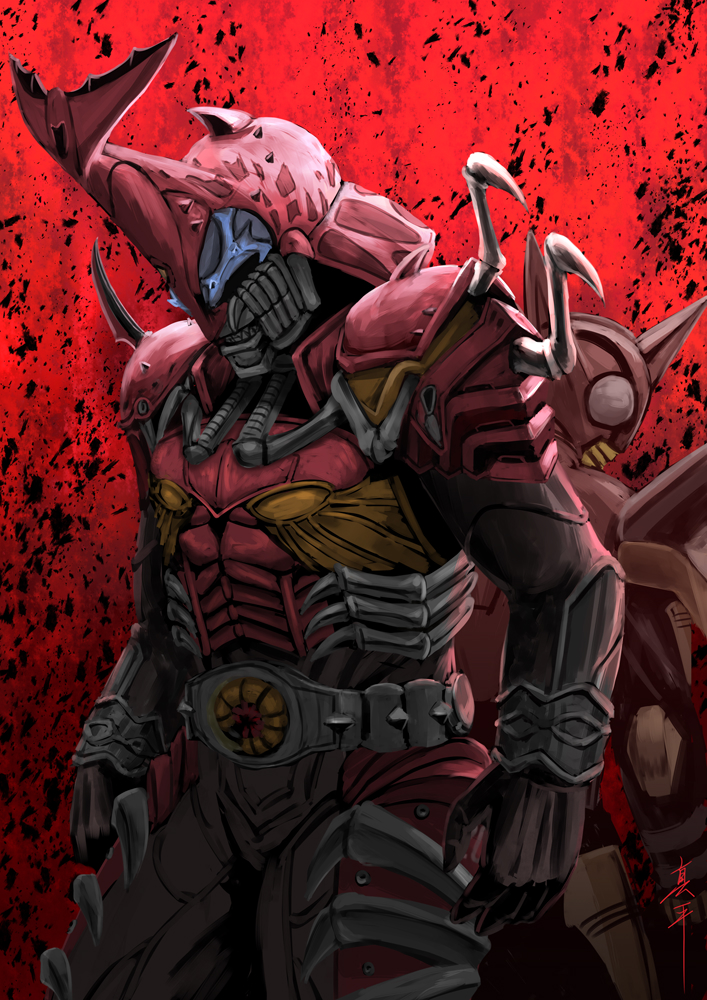 2boys another_kabuto_(zi-o) another_rider_(zi-o) armor back-to-back beetle bug creature grasshopper helmet japanese_armor kabuto kamen_rider kamen_rider_punch_hopper kamen_rider_zi-o_(series) monster multiple_boys red_armor red_background rhinoceros_beetle shinpei_(shimpay)