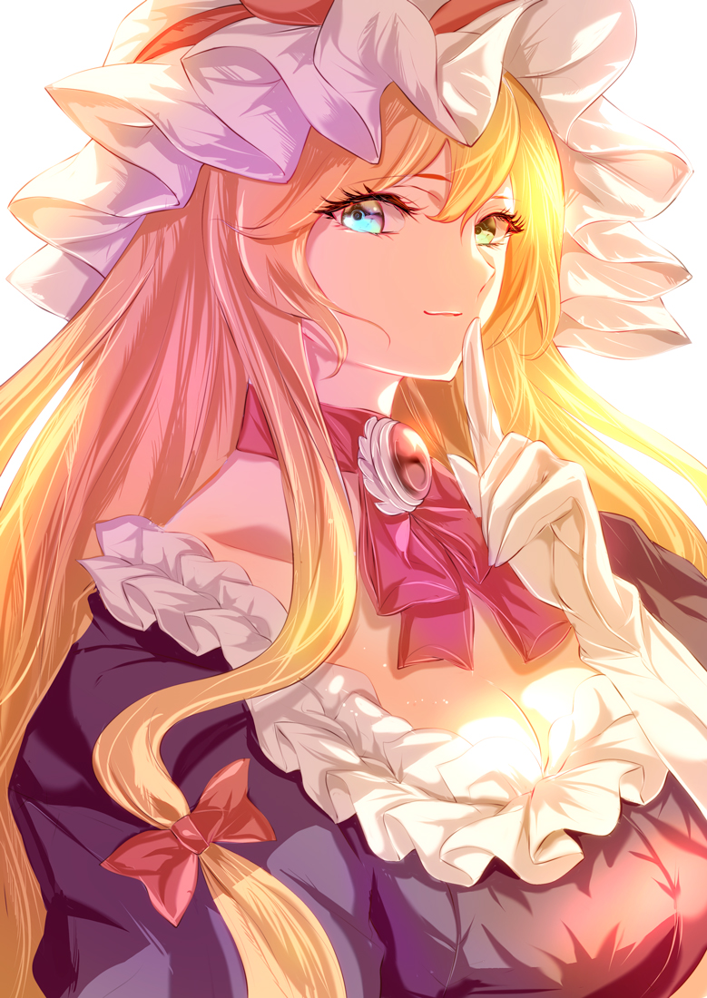 1girl bangs blonde_hair blue_eyes bow bowtie breasts closed_mouth dress elbow_gloves eyebrows_visible_through_hair gem gloves hair_between_eyes hair_bow hand_up hat hat_bow heterochromia jan_(lightdragoon) jewelry light long_hair looking_at_viewer medium_breasts mob_cap pink_bow pink_neckwear pointing puffy_short_sleeves puffy_sleeves purple_dress red_bow shadow short_sleeves simple_background smile solo touhou upper_body white_background white_gloves white_headwear yakumo_yukari yellow_eyes