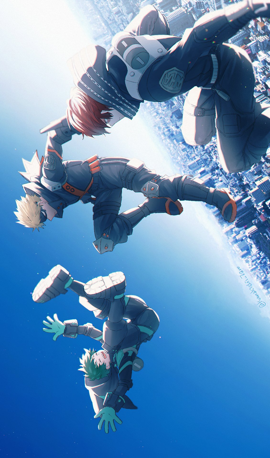 3boys :d ass bakugou_katsuki bangs black_footwear black_jacket black_pants blonde_hair blue_sky boku_no_hero_academia city closed_eyes closed_mouth commentary_request day eye_mask facing_another falling from_side gloves green_hair highres hood hood_down hooded_jacket jacket kumakichi_taro midoriya_izuku multiple_boys official_alternate_costume open_mouth outdoors pants redhead short_hair sky smile white_gloves