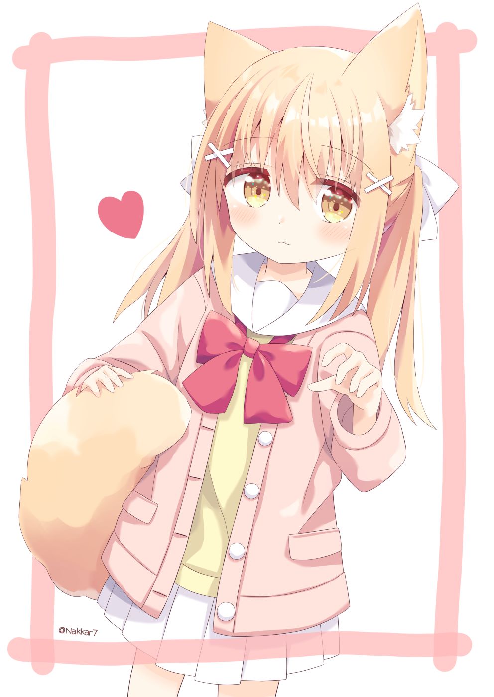 1girl animal_ear_fluff animal_ears bangs blonde_hair blush bow brown_eyes commentary_request eyebrows_visible_through_hair hair_between_eyes hair_ornament hairclip heart highres jacket long_hair long_sleeves looking_at_viewer miike-chan nakkar open_clothes open_jacket original pink_jacket pleated_skirt red_bow shirt skirt solo tail twintails twitter_username white_background white_skirt x_hair_ornament yellow_shirt