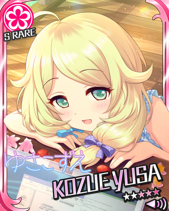 blonde_hair blush character_name dress green_eyes idolmaster idolmaster_cinderella_girls kozue_yusa short_hair smile stars