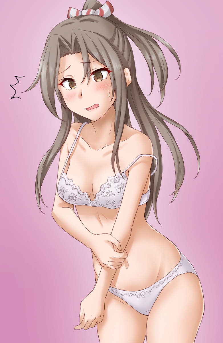 1girl anti_(untea9) bow bow_panties bra breasts brown_eyes collarbone cowboy_shot gradient gradient_background grey_hair high_ponytail highres kantai_collection long_hair looking_at_viewer navel open_mouth panties pink_background small_breasts solo standing sweatdrop underwear underwear_only white_bra white_panties zuihou_(kancolle)