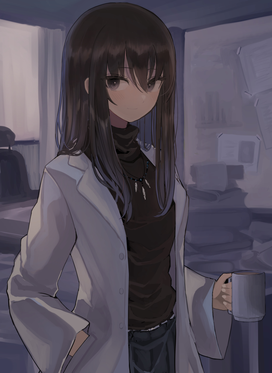 1girl bangs black_sweater blush book book_stack brown_eyes brown_hair closed_mouth coffee_mug cowboy_shot cup eyebrows_visible_through_hair hair_between_eyes hand_in_pocket highres hinomaru_(futagun) holding holding_cup indoors jewelry labcoat long_hair long_sleeves looking_at_viewer mug necklace open_clothes original smile solo sweater turtleneck turtleneck_sweater unbuttoned whiteboard