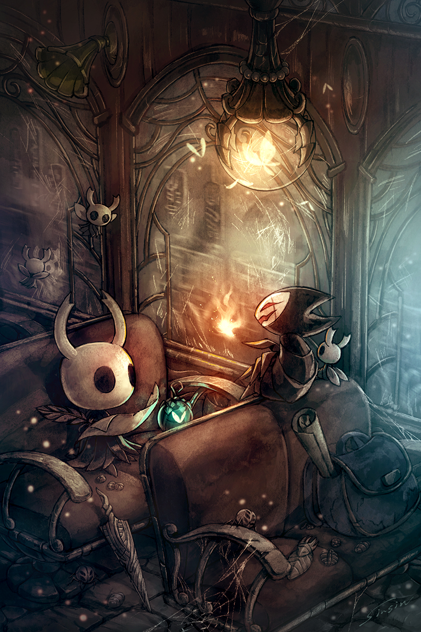 backpack bag bug butterfly cape cloak fire flying grey_cloak grimmchild highres holding hollow_eyes hollow_knight horns knight_(hollow_knight) looking_at_another map mask multiple_others no_humans paper pike quill red_eyes shell silk sinsin719 sitting spider_web train_interior weapon wings writing