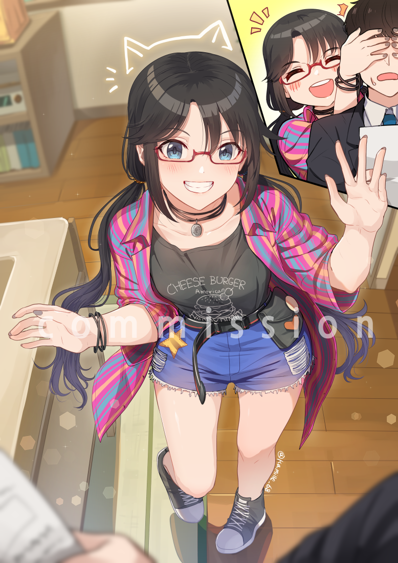 1boy 1girl :d belt black_belt black_footwear black_hair black_shirt blue_eyes blue_shorts blurry blurry_background blurry_foreground blush bracelet closed_eyes collarbone commission covering_another's_eyes denim denim_shorts full_body glasses grin holding holding_paper idolmaster idolmaster_shiny_colors indoors jewelry kamille_(vcx68) long_hair looking_at_viewer mitsumine_yuika open_clothes open_mouth open_shirt paper pendant plaid plaid_shirt pov red-framed_eyewear shirt shoes short_hair short_shorts short_sleeves shorts smile star_(symbol) sweatdrop teeth twintails twitter_username upper_teeth watermark waving wing_collar