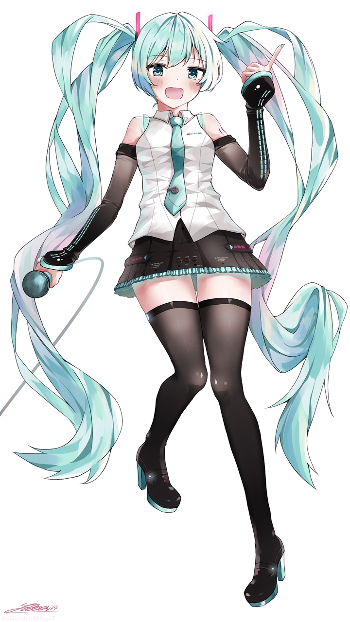 1girl aqua_eyes aqua_hair aqua_nails aqua_neckwear bare_shoulders black_legwear black_skirt black_sleeves boots commentary detached_sleeves full_body hair_ornament hand_up hatsune_miku hatsune_miku_(vocaloid4) high_heels highres holding holding_microphone index_finger_raised knees_together_feet_apart leg_up long_hair looking_at_viewer microphone microphone_cord miniskirt nail_polish necktie open_mouth pleated_skirt see-through_legwear see-through_sleeves shirt shirubaa shoulder_tattoo signature skirt sleeveless sleeveless_shirt sleeves_past_wrists smile solo tattoo thigh-highs thigh_boots thighs twintails v4x very_long_hair vocaloid white_background white_shirt zettai_ryouiki