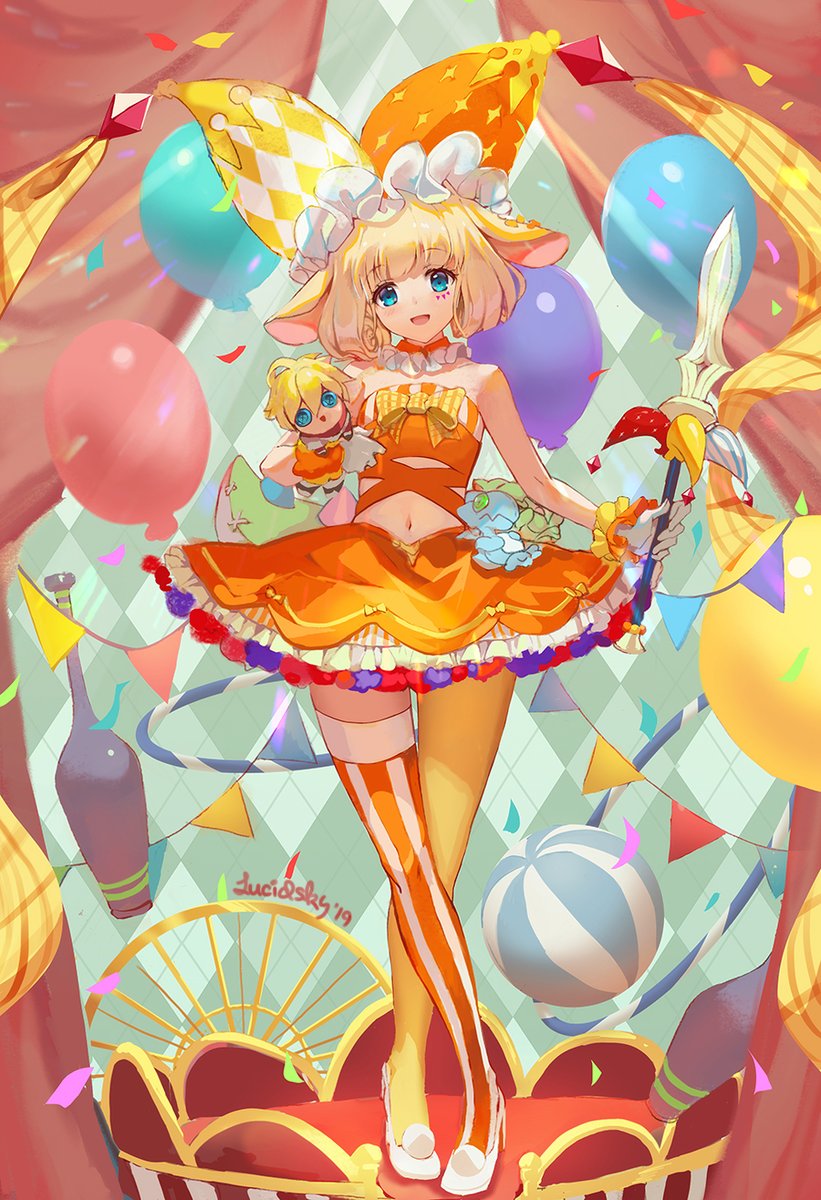 1girl annelie_(dragalia_lost) blonde_hair blue_eyes breasts circus dagger dragalia_lost full_body high_heels highres holding holding_dagger holding_weapon knife looking_at_viewer lucidsky medium_hair navel small_breasts solo weapon