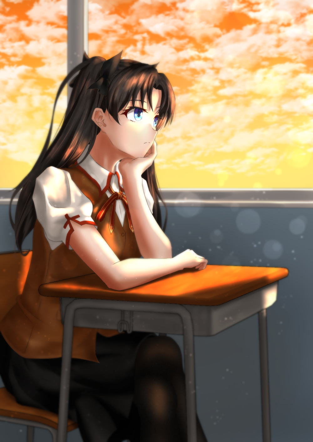 1girl ash_(skyafter) blue_eyes brown_hair brown_vest classroom desk expressionless fate/stay_night fate_(series) hand_on_own_chin head_rest highres homurahara_academy_uniform looking_out_window pantyhose school_desk school_uniform solo sunset tohsaka_rin twintails vest window