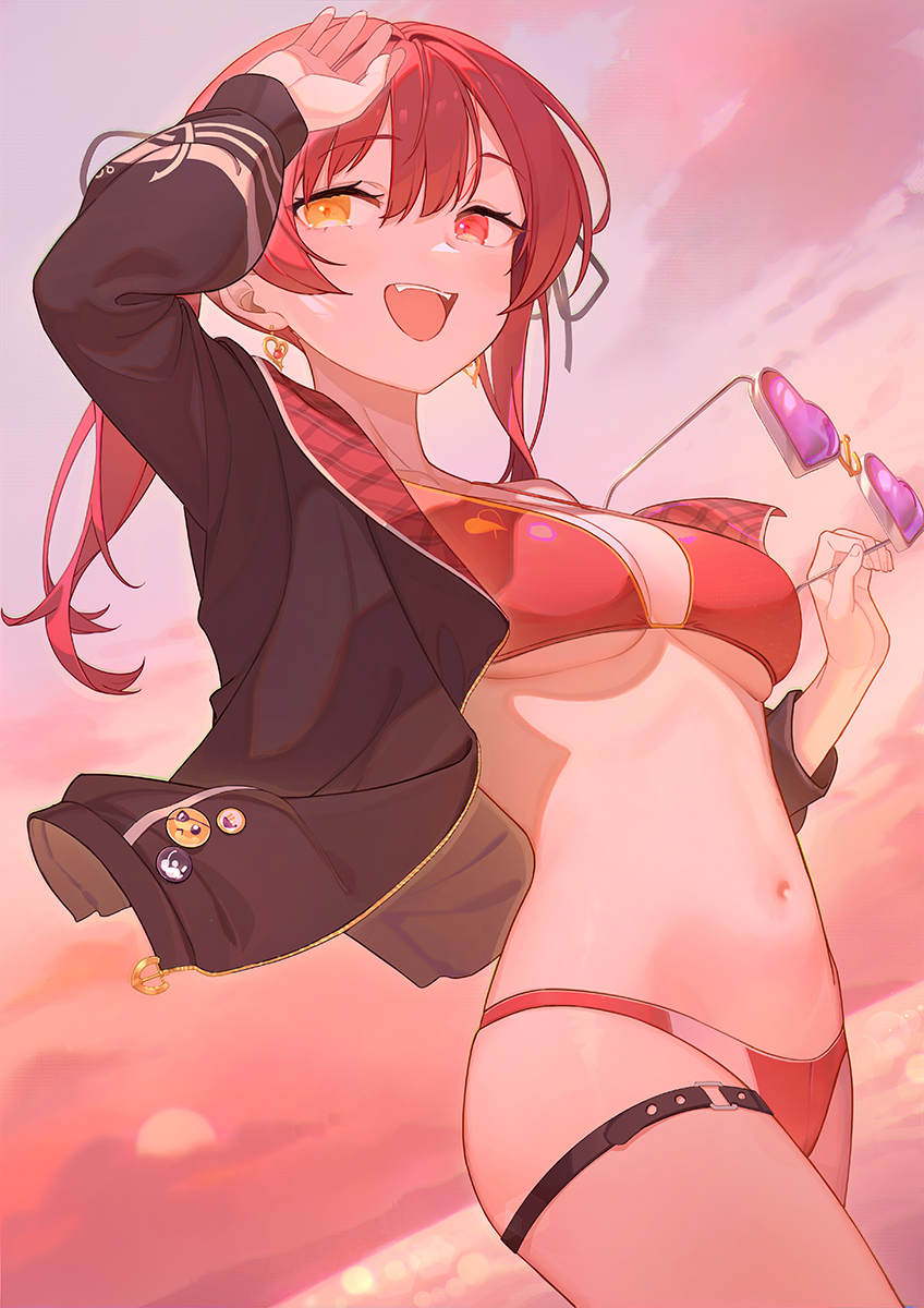 1girl badge bangs bikini black_jacket blush breasts button_badge commentary_request cowboy_shot dutch_angle earrings evening eyebrows_visible_through_hair eyewear_removed gawain_(artist) hand_on_own_head heart heart-shaped_eyewear heart_earrings heterochromia highres holding holding_eyewear hololive houshou_marine jacket jewelry long_hair long_sleeves looking_at_viewer medium_breasts navel open_clothes open_jacket outdoors pink-tinted_eyewear red_bikini red_eyes red_sky redhead sky solo stomach sunglasses sunset swimsuit thigh_strap tinted_eyewear twintails under_boob unzipped upper_teeth virtual_youtuber yellow_eyes zipper_pull_tab