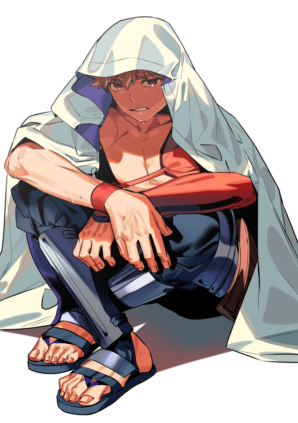 1boy bangs black_pants cape emiya_shirou fate/grand_order fate_(series) hakama hakama_pants highres indian_style japanese_clothes looking_at_viewer male_focus noko_morokoshi orange_eyes pants redhead sandals senji_muramasa_(fate) short_hair single_bare_shoulder sitting solo sweat sweatdrop toned toned_male white_background white_cape wristband