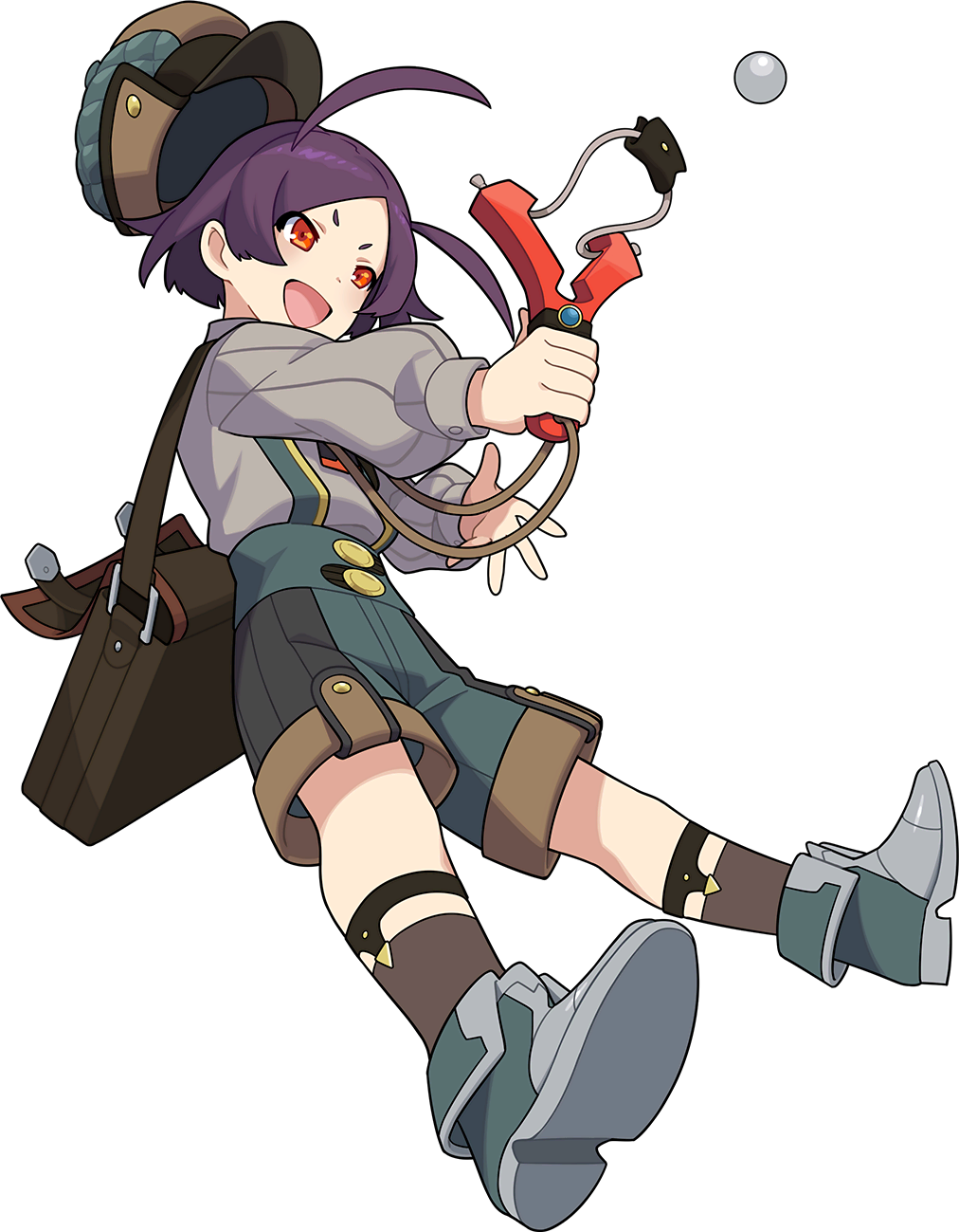1boy arm_up artist_request bag ball bangs black_neckwear blush boots brown_legwear cabbie_hat child forehead full_body green_shorts grey_footwear grey_shirt happy hat highres holding holding_slingshot holding_weapon legs_apart light_blush long_sleeves lucille_(world_flipper) male_focus multicolored multicolored_clothes multicolored_headwear necktie non-web_source official_art open_mouth orange_eyes outstretched_arm parted_bangs puffy_long_sleeves puffy_sleeves purple_hair shiny shiny_hair shirt shirt_tucked_in short_hair short_necktie shorts shoulder_bag sidelocks slingshot smile socks solo standing suspender_shorts suspenders transparent_background v-shaped_eyebrows weapon world_flipper