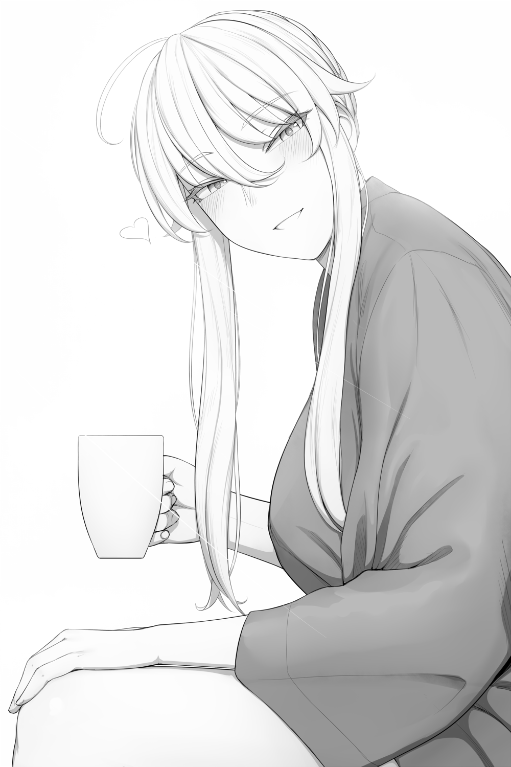 1girl artoria_pendragon_(fate) artoria_pendragon_(lancer)_(fate) bangs cup fate/grand_order fate_(series) greyscale hair_between_eyes heart highres holding holding_cup lvl_(sentrythe2310) monochrome mug sidelocks smile solo swept_bangs upper_body