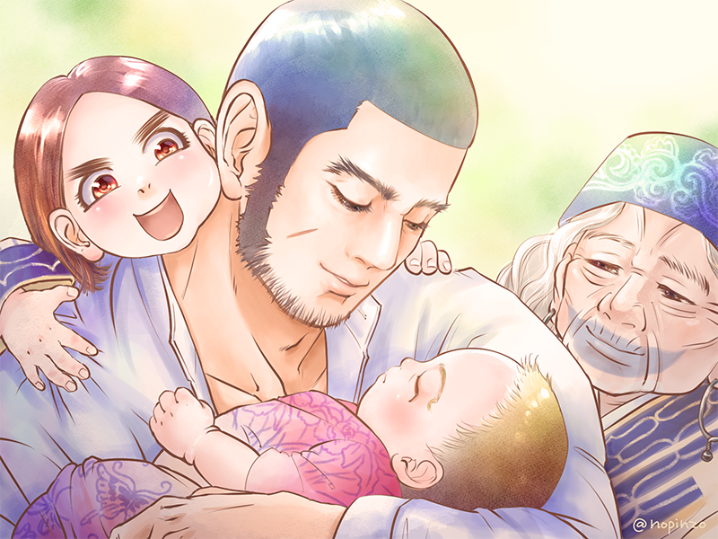 1boy 3girls ainu ainu_clothes beard black_hair blush buzz_cut character_request child closed_mouth facial_hair father_and_daughter golden_kamuy head_on_another's_shoulder lips long_sideburns male_focus mature_male multiple_girls nopinzo old old_woman scar scar_on_cheek scar_on_face short_hair sideburns smile tanigaki_genjirou thick_eyebrows upper_body very_short_hair
