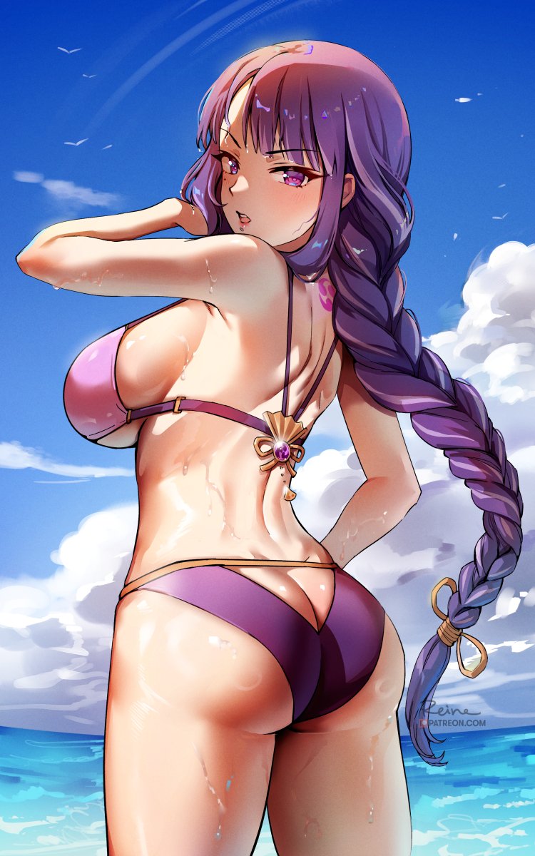 1girl artist_name ass bikini bird blue_sky braid braided_ponytail breasts butt_crack clouds cowboy_shot foxyreine from_behind genshin_impact hand_up highres large_breasts long_hair looking_at_viewer looking_back mitsudomoe_(shape) mole mole_under_eye ocean open_mouth patreon_username purple_hair raiden_shogun sideboob sky solo swimsuit tattoo tomoe_(symbol) v-shaped_eyebrows very_long_hair violet_eyes water wet wet_clothes wet_swimsuit