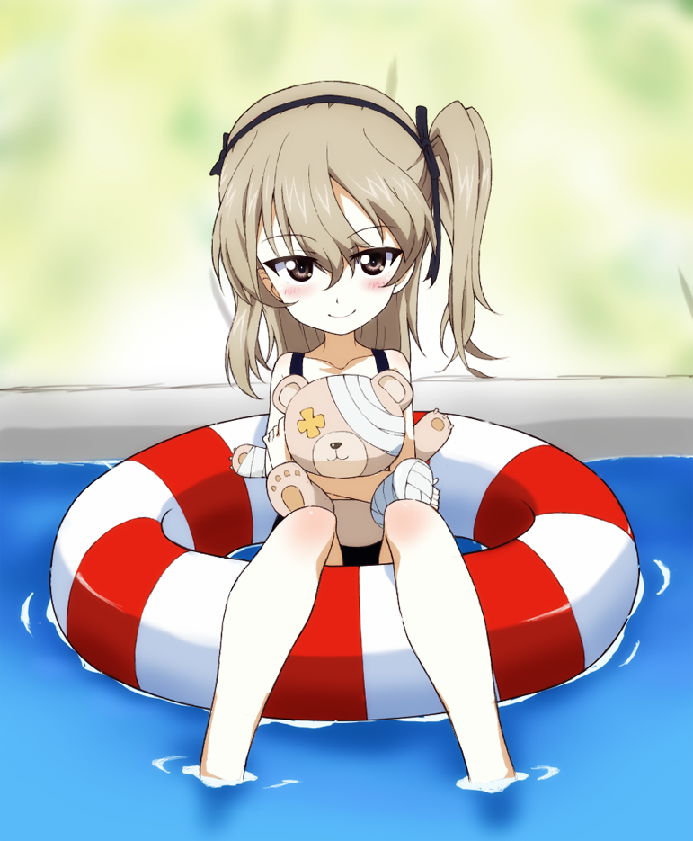 1girl afloat bandages bangs black_ribbon black_swimsuit boko_(girls_und_panzer) brown_eyes closed_mouth commentary day derivative_work eyebrows_visible_through_hair girls_und_panzer hair_ribbon holding holding_stuffed_toy innertube kayabakoro light_brown_hair long_hair looking_at_viewer one-piece_swimsuit one_side_up outdoors ribbon shimada_arisu sitting smile solo stuffed_animal stuffed_toy swimsuit teddy_bear water