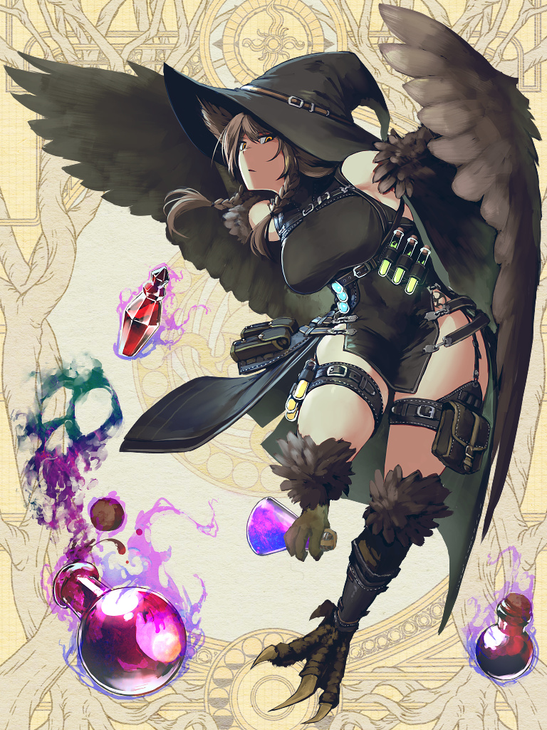 1girl beaker black_dress black_headwear bottle braid breasts brown_background brown_hair character_request claws dairoku_youhei dress feathered_wings full_body harpy hat hetza_(hellshock) holding large_breasts long_hair looking_at_viewer magic monster_girl parted_lips potion pouch sleeveless sleeveless_dress solo test_tube thigh_strap twin_braids winged_arms wings witch_hat yellow_eyes