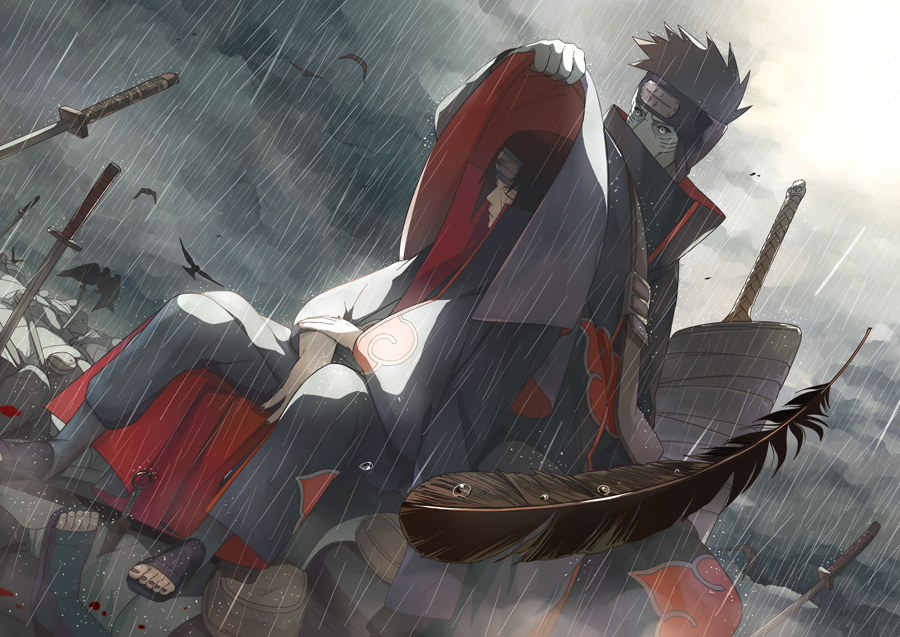 2boys after_battle battlefield black_hair colored corpse crow crows eyes_closed feathers grey_sky headband hoshigaki_kisame katana kunai long_hair male male_focus nail_polish naruto night outdoors rain short_hair size_difference sky trenchcoat uchiha_itachi villain