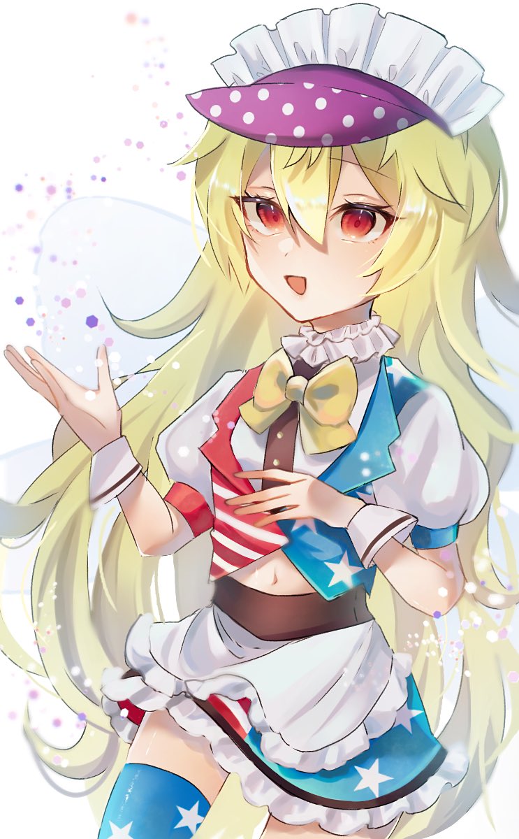 1girl alternate_costume american_flag_dress american_flag_skirt apron blonde_hair bow clownpiece commentary_request cropped_legs enmaided eyebrows_visible_through_hair fairy_wings frilled_shirt_collar frilled_skirt frills hair_between_eyes highres long_hair maid maid_apron maid_headdress mimino_courou navel open_mouth polka_dot puffy_short_sleeves puffy_sleeves red_eyes shirt short_sleeves simple_background skirt solo thigh-highs touhou white_background white_shirt wings wrist_cuffs yellow_bow yellow_neckwear