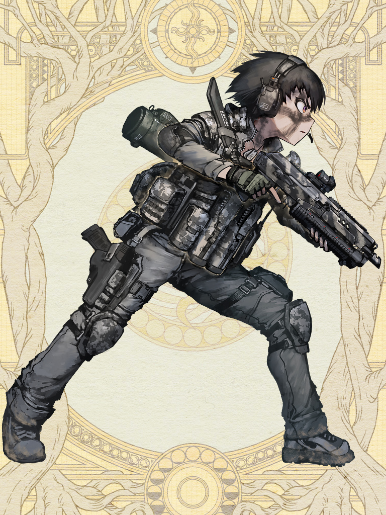 1girl assault_rifle black_hair brown_background brown_eyes dairoku_youhei dog_tags elbow_pads facepaint fingerless_gloves from_side gloves green_gloves grey_footwear grey_jacket grey_pants gun handgun headset hetza_(hellshock) holding holding_weapon holstered_weapon jacket knee_pads knife load_bearing_vest military pants parted_lips pistol pouch rifle sheath sheathed short_hair solo thigh_strap weapon