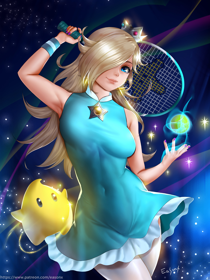 1girl aqua_dress aqua_eyes arm_up armpits artist_name ball bare_shoulders blonde_hair breasts closed_mouth commentary_request covered_navel crown dress earrings easonx fingernails frills gem hair_over_one_eye holding holding_racket jewelry lips long_hair looking_at_viewer luma_(mario) medium_breasts mini_crown nail_polish navel one_eye_covered patreon_username purple_nails racket reward_available rosalina signature skin_tight sky sleeveless sleeveless_dress smile solo space sparkle sportswear star_(sky) star_(symbol) starry_sky strapless strapless_dress super_mario_bros. super_mario_galaxy tennis_ball tennis_racket tennis_uniform watermark web_address wristband