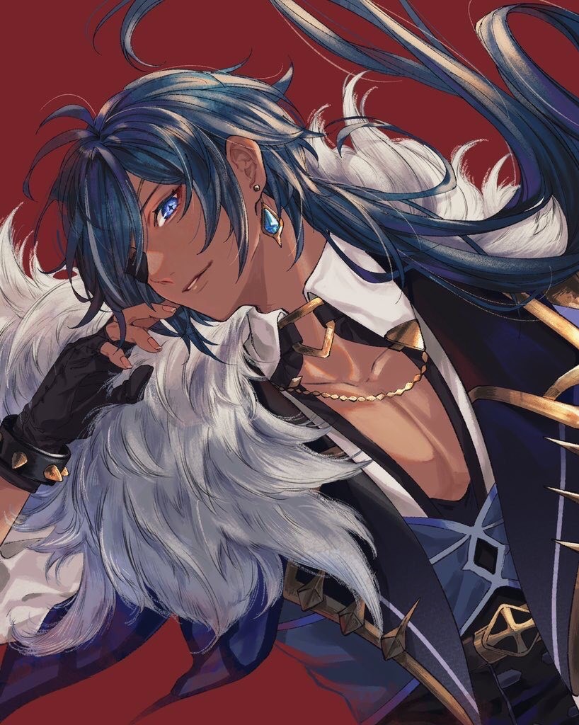 1boy bangs black_gloves blue_eyes blue_hair cropped_torso dark-skinned_male dark_skin earrings eyepatch fingerless_gloves fur_trim genshin_impact gloves gold_trim jewelry kaeya_(genshin_impact) lips looking_at_viewer male_focus omotim000 pectorals ponytail red_background simple_background single_earring solo upper_body