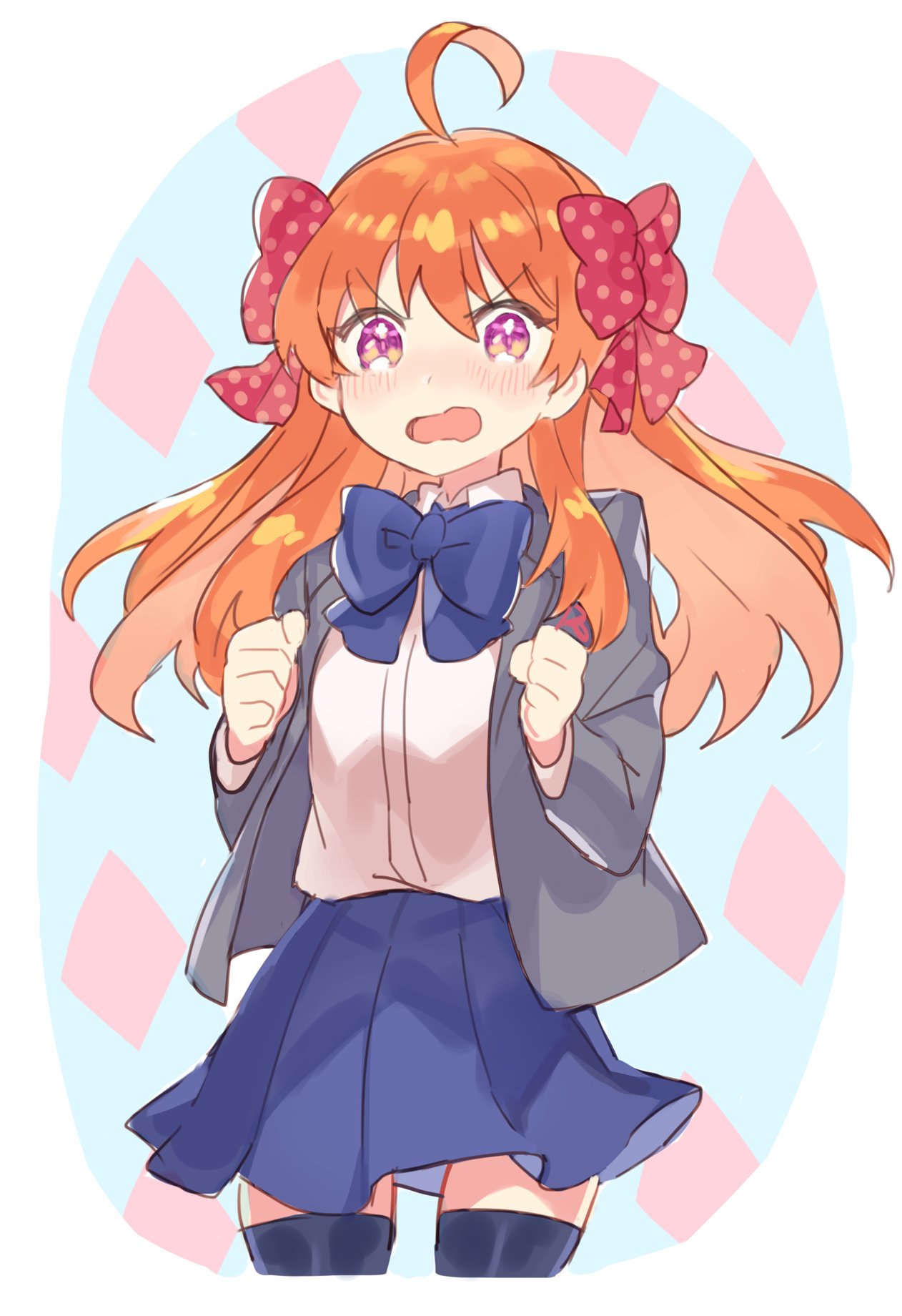 1girl ahoge black_legwear blush bow gekkan_shoujo_nozaki-kun hair_bow highres kanyoko_(yuzukano_17) long_hair looking_at_viewer open_mouth orange_hair pleated_skirt polka_dot polka_dot_bow rouman_academy_uniform sakura_chiyo school_uniform skirt solo thigh-highs violet_eyes