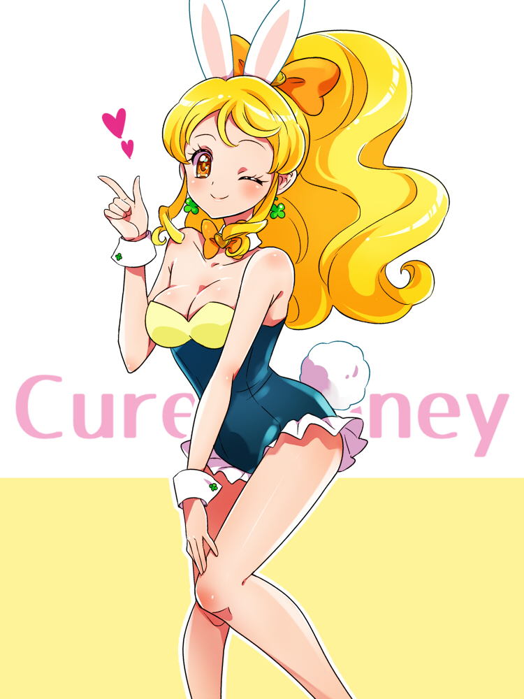 1girl alternate_costume animal_ears bare_legs bare_shoulders black_leotard blonde_hair blush bow bowtie breasts bunny_day character_name closed_mouth clover_earrings cowboy_shot cure_honey detached_collar extra_ears frilled_leotard frills hair_bow happinesscharge_precure! heart kagami_chihiro leotard long_hair looking_at_viewer magical_girl medium_breasts one_eye_closed oomori_yuuko orange_bow orange_eyes playboy_bunny precure rabbit_ears rabbit_tail shiny shiny_skin smile solo tail