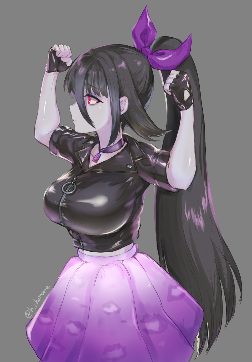 1girl arms_up artist_name bangs black_hair blue_skin breasts chamame clenched_hands closed_mouth colored_skin cowboy_shot fingerless_gloves gloves grey_background hair_between_eyes hair_ornament hair_ribbon highres idol jacket jewelry large_breasts leather leather_jacket long_hair midriff_peek necklace o-ring ponytail purple_skirt red_eyes ribbon shiny shiny_clothes sidelocks simple_background skirt solo standing very_long_hair yamada_tae zipper zombie zombie_land_saga
