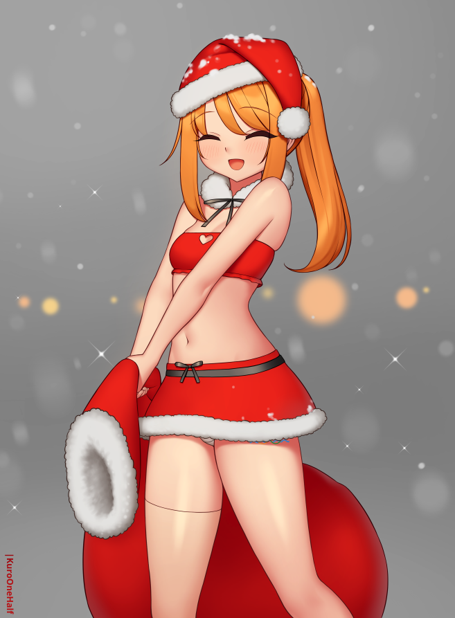 1girl :d ^_^ artist_name bare_arms bare_shoulders closed_eyes commentary commission english_commentary eyebrows_visible_through_hair facing_viewer fur-trimmed_headwear fur-trimmed_skirt fur_trim grey_background hat kuroonehalf long_hair midriff miniskirt navel orange_hair original panties panty_peek pom_pom_(clothes) red_headwear red_skirt red_tube_top sack santa_costume santa_hat simple_background skirt smile smle solo strapless tube_top twintails underwear white_panties