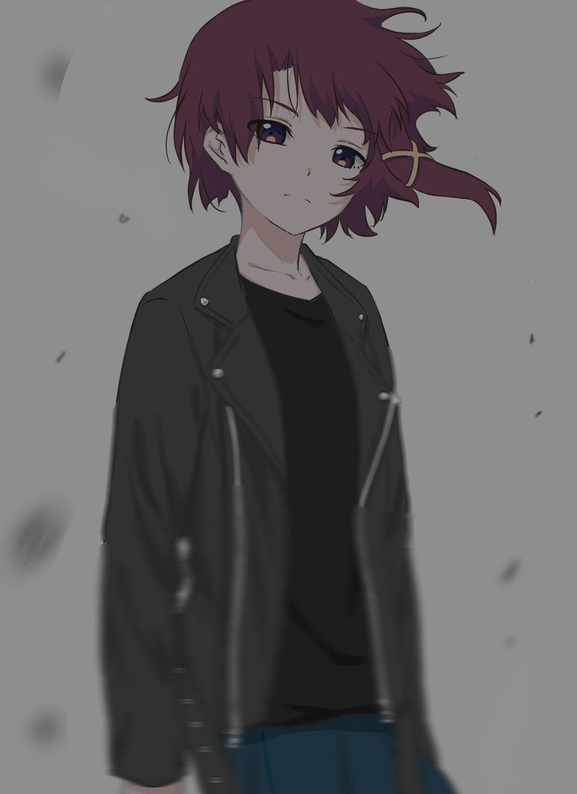1girl asymmetrical_hair brown_eyes brown_hair closed_mouth eitetsu hair_ornament hairclip highres iwakura_lain jacket leather leather_jacket looking_at_viewer serial_experiments_lain short_hair simple_background solo x_hair_ornament