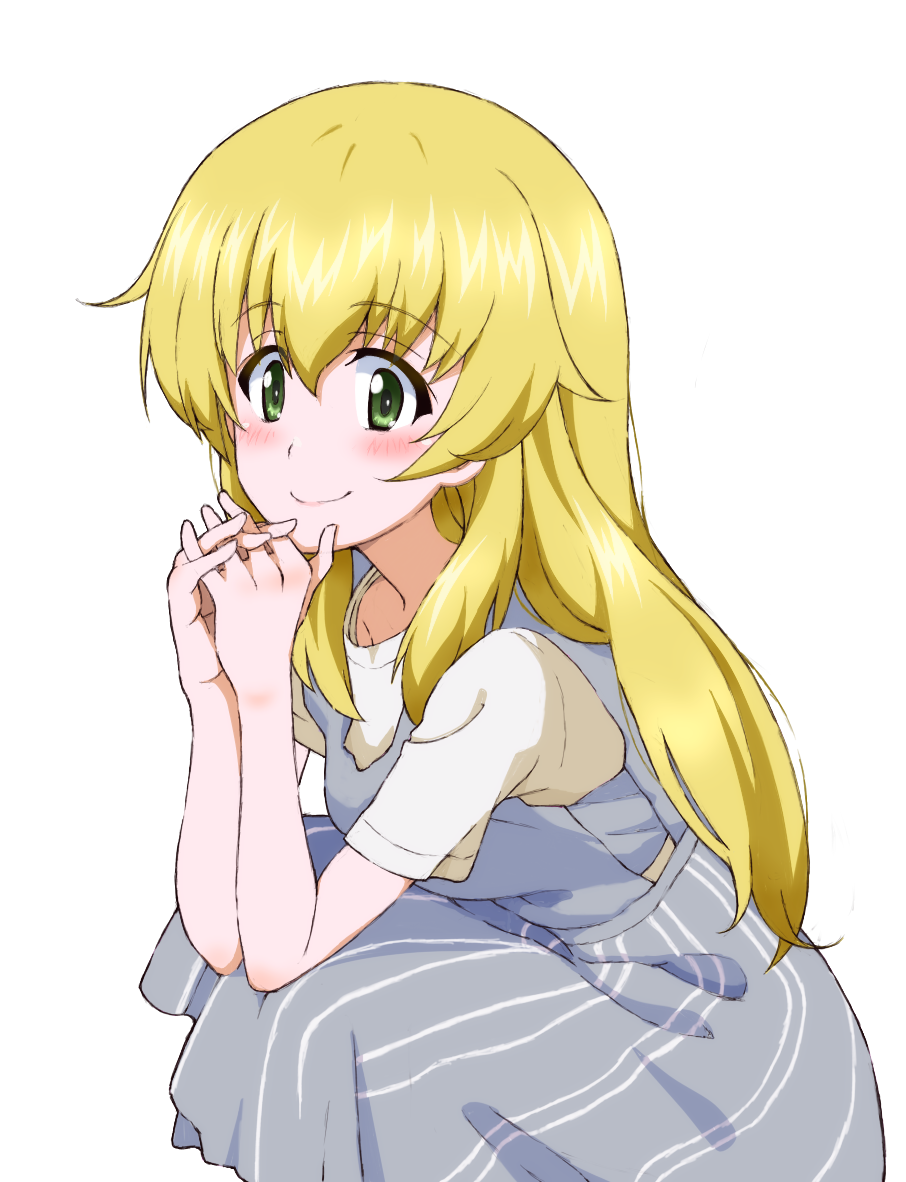 1girl bangs blonde_hair carpaccio_(girls_und_panzer) closed_mouth commentary dress eyebrows_visible_through_hair girls_und_panzer green_eyes grey_dress hands_together interlocked_fingers kayabakoro long_hair looking_at_viewer medium_dress shirt short_sleeves simple_background smile solo squatting t-shirt white_background white_shirt