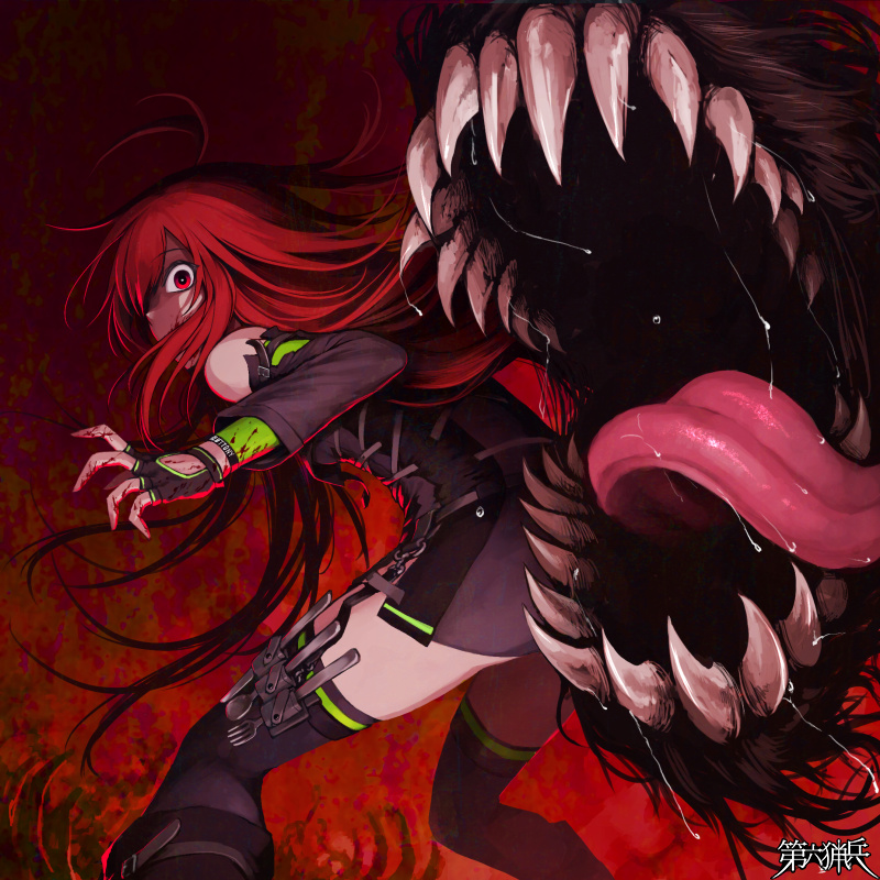 1girl ahoge black_dress black_gloves black_legwear blood blood_on_clothes blood_on_face dairoku_ryouhei dress feet_out_of_frame fingerless_gloves fork from_behind gloves hair_over_one_eye hetza_(hellshock) knife long_hair long_sleeves looking_at_viewer monster one_eye_covered red_background red_eyes redhead saliva sharp_teeth short_dress solo spoon standing strapless strapless_dress teeth thigh-highs tongue very_long_hair