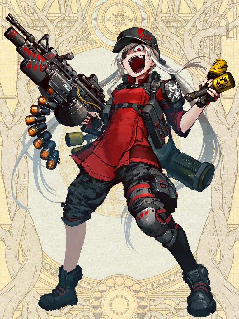 1girl ammunition_belt armor asymmetrical_legwear black_footwear black_headwear black_sclera black_shorts boots breasts brown_background camouflage camouflage_shorts colored_sclera dairoku_youhei fingerless_gloves full_body gloves grenade_launcher gun hat hetza_(hellshock) holding holding_weapon knee_pads long_hair machine_gun open_mouth red_eyes red_gloves red_shirt rocket_launcher shirt shorts shoulder_armor sidelocks sleeves_rolled_up small_breasts smile solo standing stick_grenade teeth twintails very_long_hair weapon white_hair