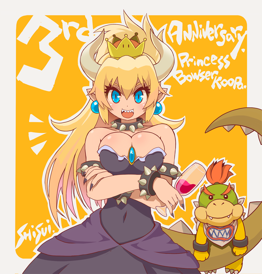 armlet black_collar black_dress black_leotard bowser_jr. bowsette bracelet collar dress earrings fingernails horns jewelry leotard new_super_mario_bros._u_deluxe pointy_ears sharp_fingernails sharp_teeth shisui101 skirt spiked_armlet spiked_bracelet spiked_collar spiked_tail spikes strapless strapless_dress strapless_leotard super_crown super_mario_bros. tail teeth