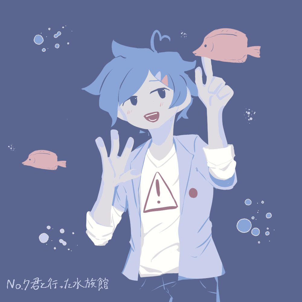 1boy alternate_universe blue_background blue_hair boyfriend_(friday_night_funkin') commentary fish friday_night_funkin' friday_night_funkin'_soft male_focus nitomatori6 restricted_palette simple_background smile solo standing text water