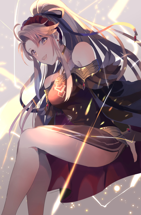 1girl :d ahoge alternate_costume bangs bare_shoulders black_dress cape dress earrings fire_emblem fire_emblem:_genealogy_of_the_holy_war fire_emblem_heroes hair_ornament jewelry kabitakamaboko long_hair looking_at_viewer official_alternate_costume open_mouth ponytail purple_hair sidelocks sleeveless sleeveless_dress smile solo tailtiu_(fire_emblem) thighs very_long_hair violet_eyes