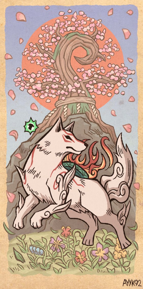 amaterasu animal_focus artist_name ayyk92 cherry_blossoms english_commentary flower issun ookami_(game) outdoors reflector_(ookami) shide signature tree white_wolf wolf