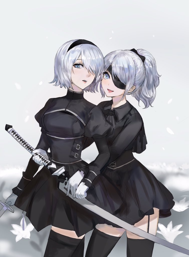 2girls black_blindfold black_dress black_hairband black_legwear black_neckwear blindfold blindfold_lift blue_eyes bow buckle dress flower framed_breasts garter_straps gloves hair_bow hairband holding holding_sword holding_weapon juliet_sleeves katana long_sleeves lunar_tear mole mole_under_mouth multiple_girls neckerchief nier_(series) nier_automata official_alternate_costume parted_lips petals ponytail puffy_sleeves shaokao_range short_hair sword thigh-highs virtuous_contract virtuous_treaty weapon white_gloves white_hair yorha yorha_type_a_no._2 yorha_type_a_no._4 yuri zettai_ryouiki