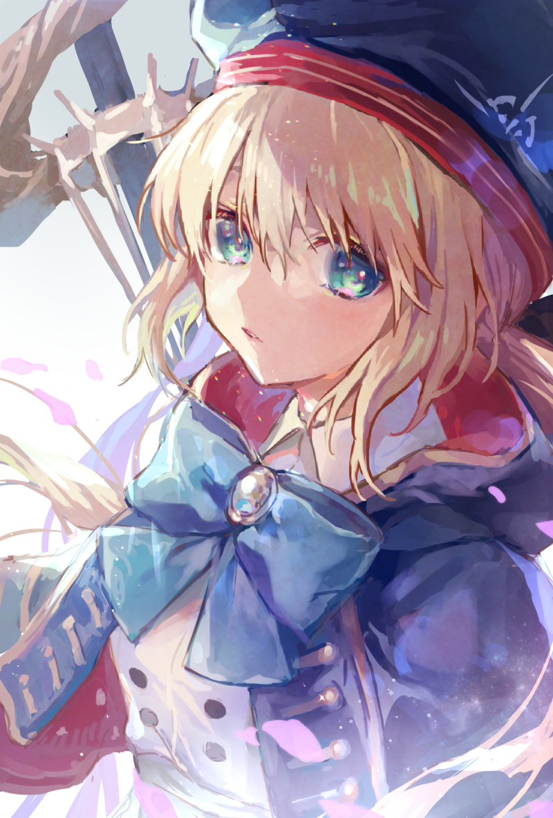 1girl artoria_pendragon_(caster)_(fate) artoria_pendragon_(fate) bangs belt beret black_gloves blonde_hair blue_cape blue_headwear blush breasts buttons cape double-breasted dress fate/grand_order fate_(series) gloves green_eyes hat holding holding_staff hood hooded_cape long_hair long_sleeves looking_at_viewer multicolored multicolored_cape multicolored_clothes red_cape small_breasts solo staff twintails vivi_(eve_no_hakoniwa) white_dress