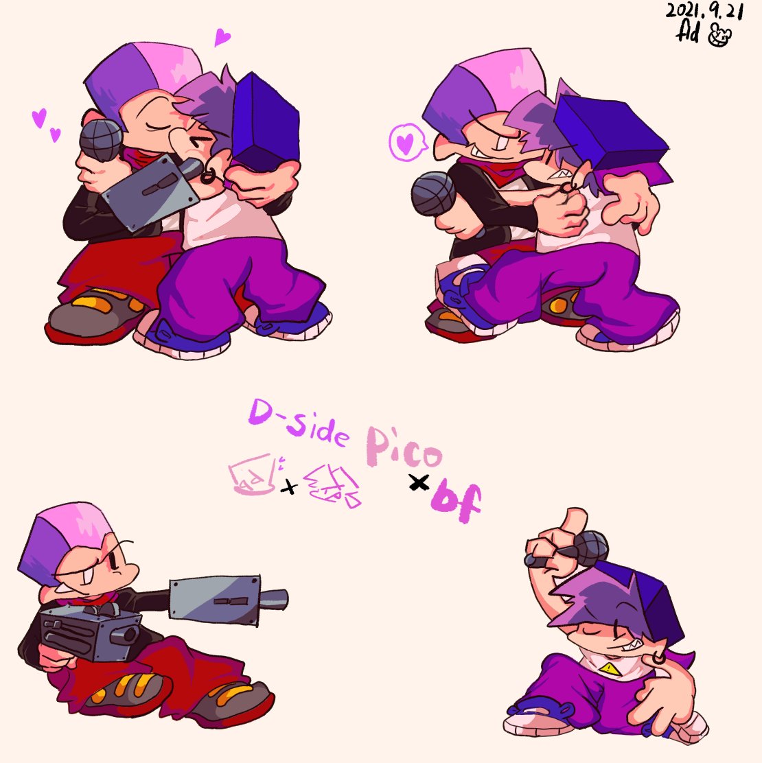 2boys alternate_universe boyfriend_(friday_night_funkin') dated earrings english_text friday_night_funkin' friday_night_funkin'_d-sides fulaidi1 grin gun hat heart heterochromia holding holding_gun holding_microphone kiss microphone pants pico_(pico's_school) pink_hair purple_hair sharp_teeth simple_background smile standing tan_background weapon yaoi